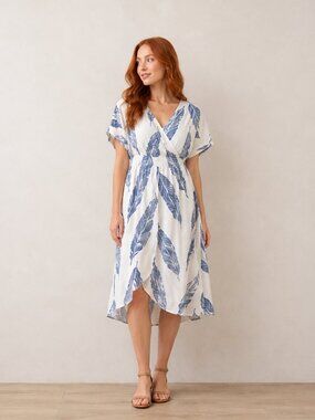 Womens 3X Ivory Blue Leaf Print Wrap Style Midi Dress Short Sleeve